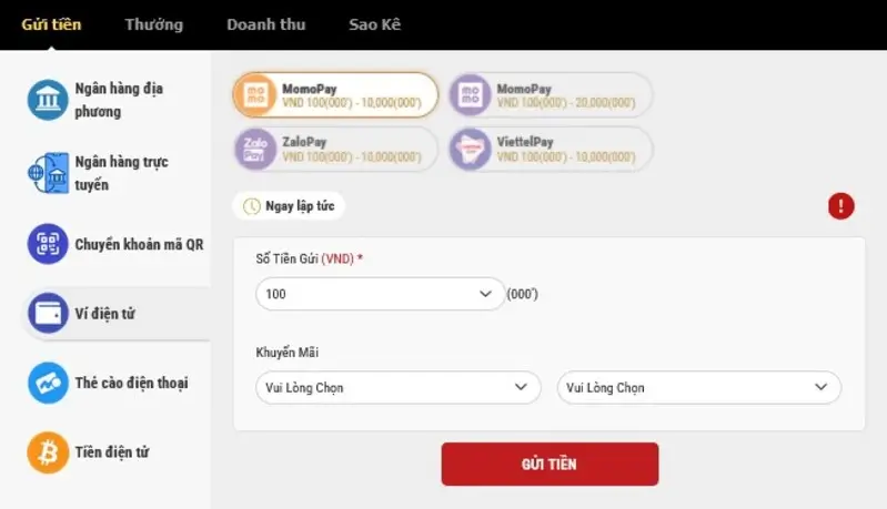 Gửi tiền 12bet với ví điện tử